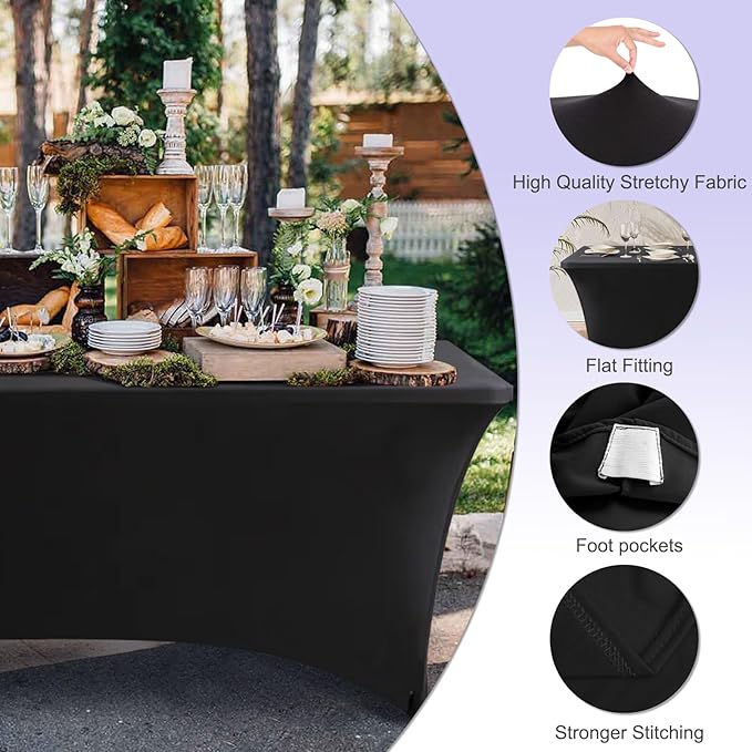 ABCCANOPY 4 Pack 8 FT Black Spandex Table Cover Stretch Fitted Wrinkle Resistant Tablecloth Reuse for Rectangular Folding Table Patry Event Wedding Banquet Protector