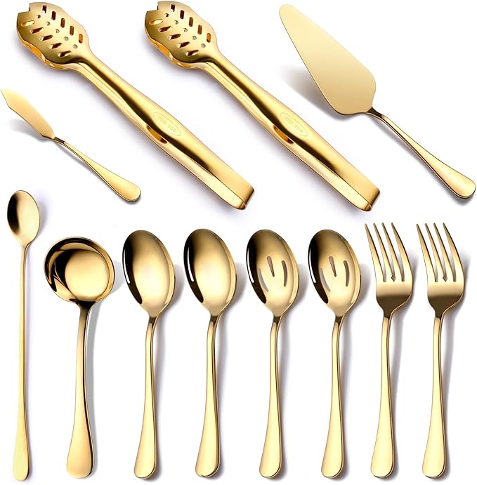 Gold Serving Utensils, OGORI 12-Piece Stainless Steel Serving Utensils Include Serving Spoons, Slotted Spoons, Serving Tongs, Serving Forks, Butter Knife, Stirring Spoon, Soup Ladle, Pie Server