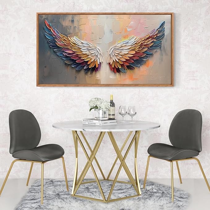 Aurlan Angel Wings Hand Painted Framed Wall Decor(40"x20"), Large Abstract Colorful Feather 3D Textured Oil Painting Canvas Artwork, Modern Contemporary Inspirational Wall Art for Living Room Bedroom
