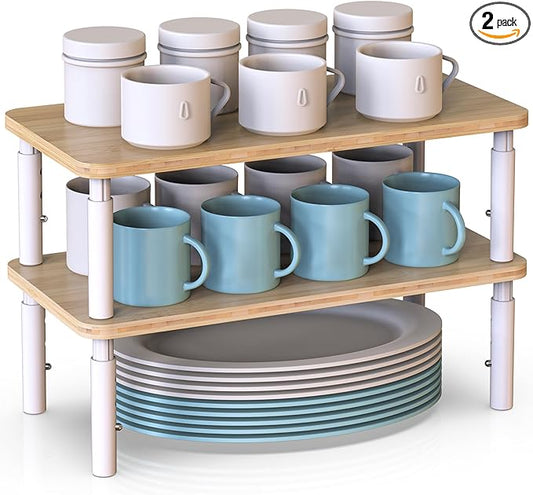 Cabinet Organizer Shelf, Spice Rack Set of 2 Kitchen Pantry Cupboard Shelves, Stackable, Height Adjustable, Natural Bamboo (15.6" W)