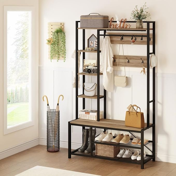 BON AUGURE Farmhouse Hall Tree for Entryway, Mudroom Bench with Shoe Storage, Large Coat Rack Shoe Bench with 5 Tier Open Shelves, Adjustable Side Hooks and Hanging Rod for Foyer (Vintage Oak)