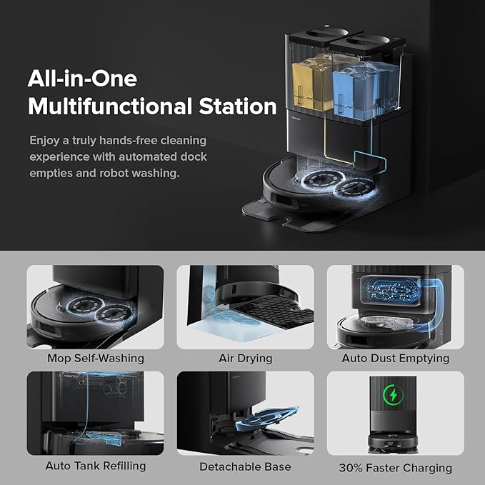roborock Qrevo Series Robot Vacuum and Mop, 8000Pa Suction, Upgraded from Qrevo S, Anti-Tangle Brushes, Smart Obstacle Avoidance, Auto Mop Washing, All-in-One Dock, 200RPM Spinning Mops, Black(QV 35A)