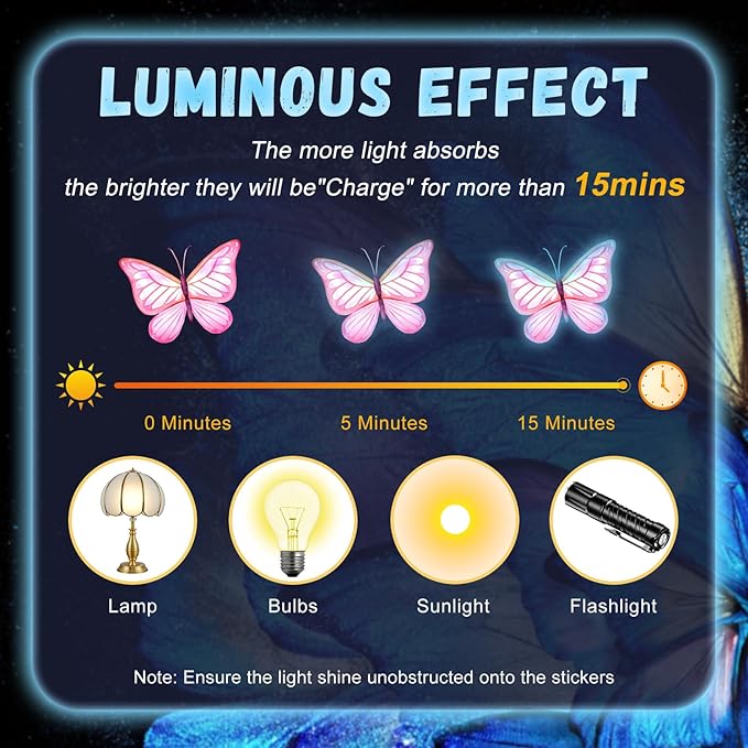 Glow in The Dark Butterfly Flower Wall Decals Glowing Luminous Butterflies Removable Self-Adhesive Wall Stickers for Girls Bedroom Nursery Living Room Decor 4 Sheets (Butterfly 3)