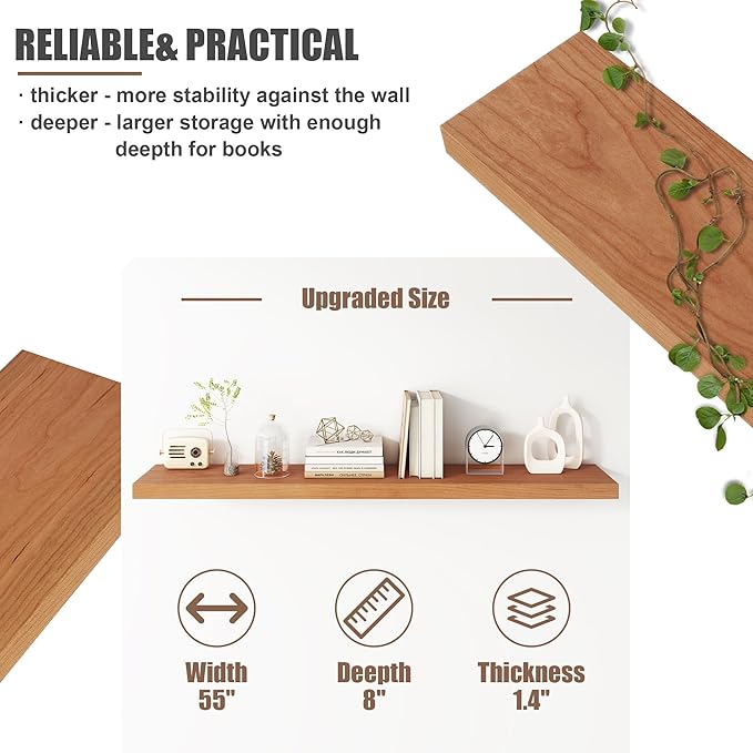 Floating Shelves for Wall, USA-Sourced Cherry Wood 55 Inch Long Wall Shelves, Natural Wooden Wall Mounted Picture Ledge Shelf, Nursery Book Storage Shelf Kids Bookshelf, Display Shelf for Bathroom