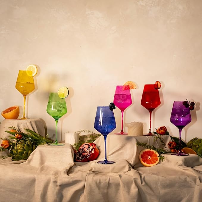 Saludi Colored Wine Glasses, 16.5oz (Set of 6) Stemmed Frida-Color Glass - Great for all Wine Types and Occasions - Luxury, Durable, Hand-Blown