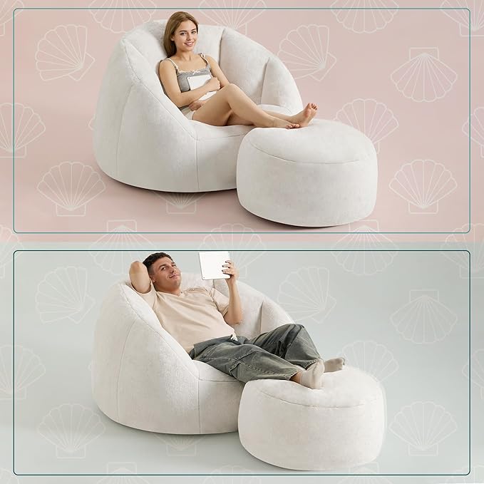 Giant Bean Bag Swivel Chair for Adults - Comfy Plush Round Shell Soft Accent Chaise Lounge Indoor Chair, Oversized Cozy Floor Sofa for Living Room, Bedroom & Game Rooms, Beige