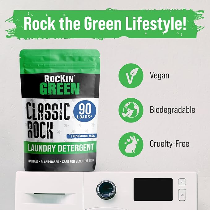 Rockin' Green Classic Rock Laundry Detergent (90 Loads), Plant based, All Natural Laundry Detergent Powder, Vegan and Biodegradable Odor Fighter, Safe for Sensitive Skin, 45 oz (Freshwood Mac)