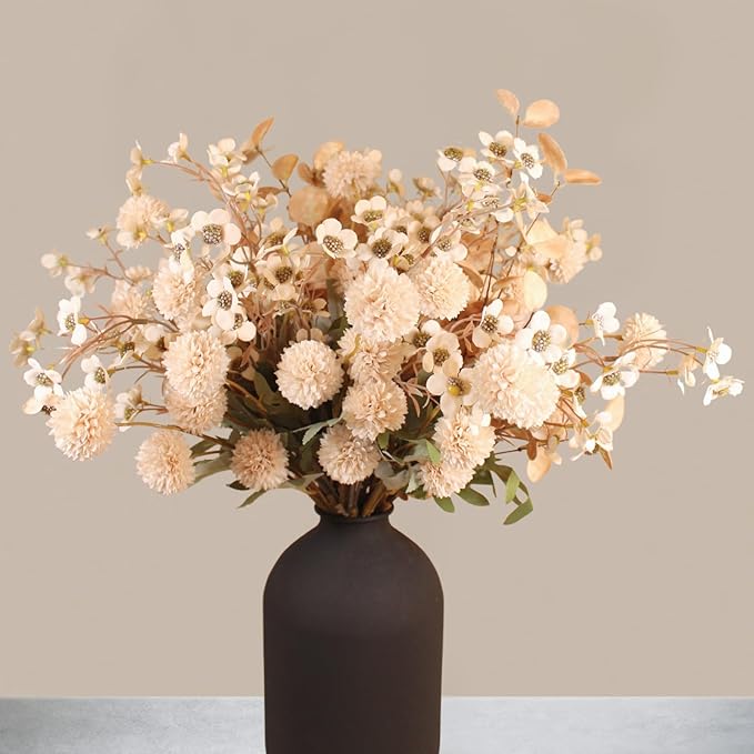 Beige Silk Flower Arrangements For Home Decor, Large Floral Centerpieces For Tables, Fake Mums + Eucalyptus + Wild Flowers in Bulk, Long Stem Artificial Flowers Coffee Dining Table, Faux Mums Flowers