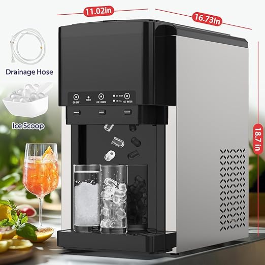 3 in 1 Water Dispenser with Ice Maker, Nugget Ice Maker Countertop, Bullet Ice, Crushed Ice, Water Cooler, 44Lbs/24H, 12 Ice Cube/6Min, Self-Cleaning, 4Lbs Ice Storage, Home, Kitchen, Party, RV