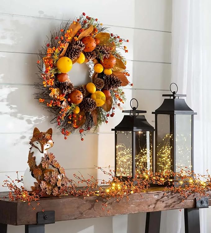 Elenon Metal Fox Statue Art Garden Decoration, Handcrafted Standing Fox Ornament Decor with Fall Leaves, Mid Century Fox Figurine Outdoor Decor for Patios, Lawns, Flower Bed