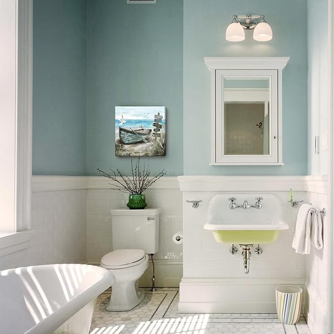 Bathroom Wall Art Coastal Décor Nautical Boat on Beach Canvas Picture Ocean Seagull Seascape Canvas Print Sea Bird Farmhouse Artwork for Seashore Bedroom Living Room Small Square Blue Teal 14x14"