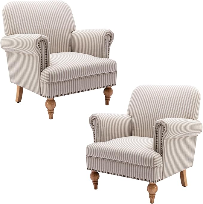 chairus Linen Accent Chair for Living Room Set of 2 Upholstered Mid Century Modern Single Sofa Chair with Solid Wood Legs Comfy Reading Chair Armchair for Bedroom/Office/Recption/Lounge, Khaki Stripe