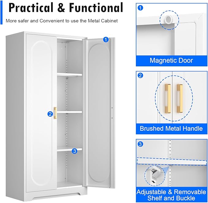 60" Tall Kitchen Pantry Cabinet, Metal Pantry Cabinet with Doors and Adjustable Shelves, White Utility Storage Cabinet with Handles for Dining Room, Bathroom, Laundry Room - Assemble Required