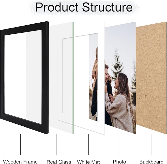 10x14 Picture Frame Set of 4, 10 x 14 Wood Photo Frames with Mat for 8x12 or 30x40cm Diamond Painting Art, Wooden Frame with Real Glass Cover for Wall and Tabletop Display,Black
