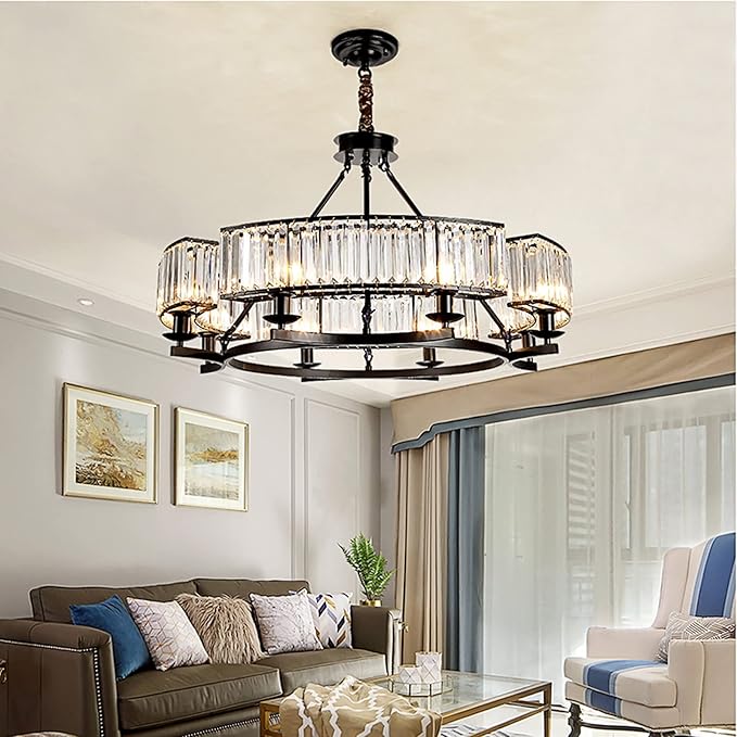 Farmhouse Crytal Chandeliers Dining Room Pendant Light Fixture Black Chandelier with K9 Crystal for Living Room Dining Room Foyer High Ceiling