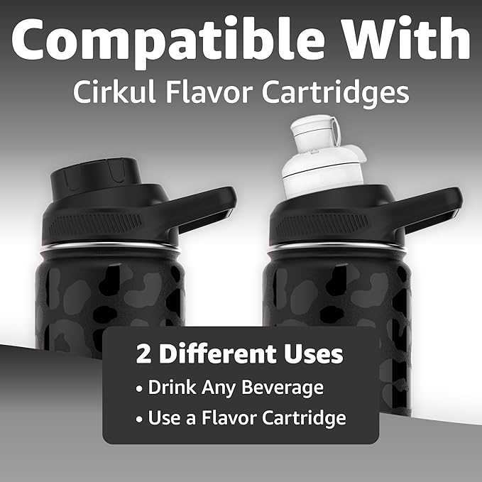 Chill Oasis Water Bottle | Compatible With Popular Flavor Cartridges | BPA Free, Leak Proof, Double-Walled Vacuum Insulated Stainless Steel, and Dishwasher Safe | Cold for 24 Hours (Leopard, 12oz)