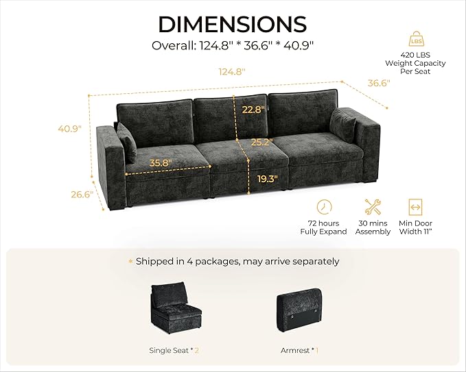 124.8'' Oversized Modular Sofa Comfy Cloud Couch with Storage, Extra Wide Sectional Sofa for Living Room, Covers Washable, 3-Seater, Chenille, Black