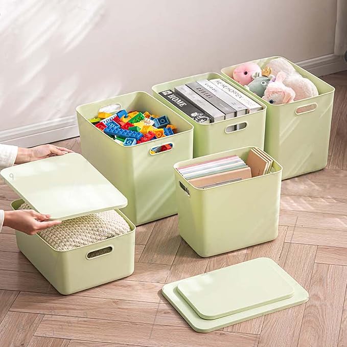 5 pack large plastic White storage bins Baskets, Toy Box Chest with Lids and Handle，Organizer Containers for Baby，Kids,snacks,Nursery，Shelves，Playroom, Bedroom，Office,Closet，home