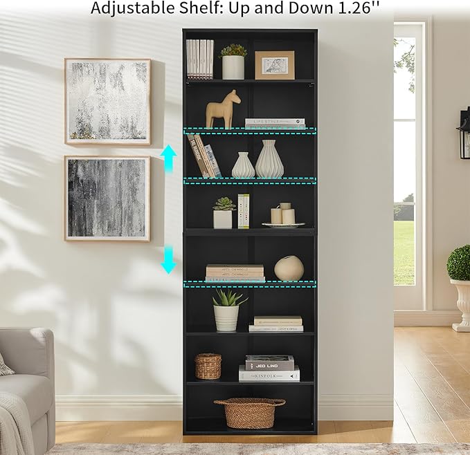 71 Inch Tall 8-Shelf Bookcase, Wood Bookshelf Storage Organizer Adjustable Shelf for Home Office Living Room, Converts into Two 4-Shelf Bookshelves, Black