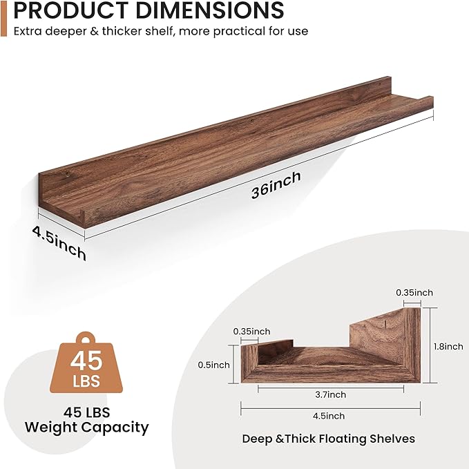 Fun Memories Picture Ledge Shelves Set of 2, 36 Inch Rustic Wall Mounted Floating Shelves with Lip for Home Storage and Décor in Bathroom, Kitchen, Nursery, Bedroom, Living Room, Walnut