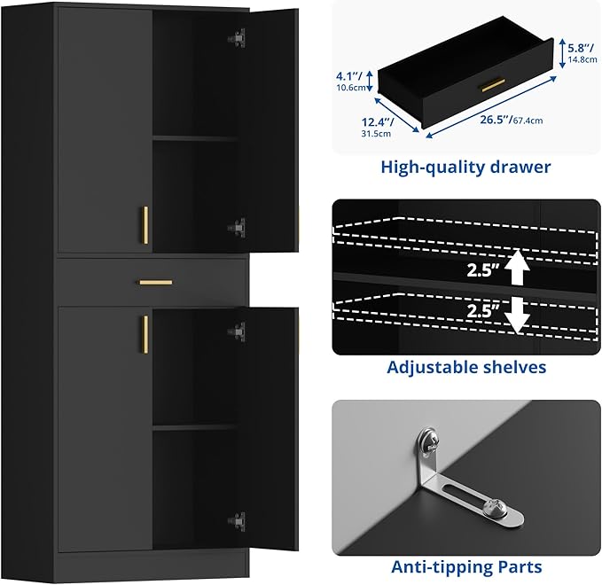 Cozy Castle Pantry Cabinet, 71" Tall Kitchen Storage Cabinet with Doors and Shelves, Freestanding Wood Cupboard Utility Hutch with Drawer for Dining Room Living Room Bathroom Furniture, Black