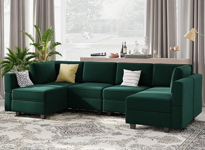 Belffin Modular Sectional Couch U Shaped Sofa with Storage Seat Reversible Sectional Sofa Couch with Chaise Velvet Green
