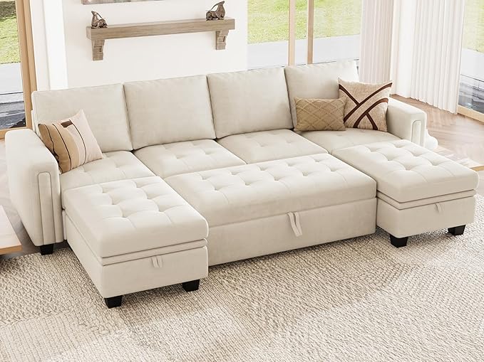 Belffin Modular Sectional Sleeper Sofa with Pull Out Bed Velvet Convertible U Shaped Sectional Sofa Couch with Storage Chaises for Living Room Beige