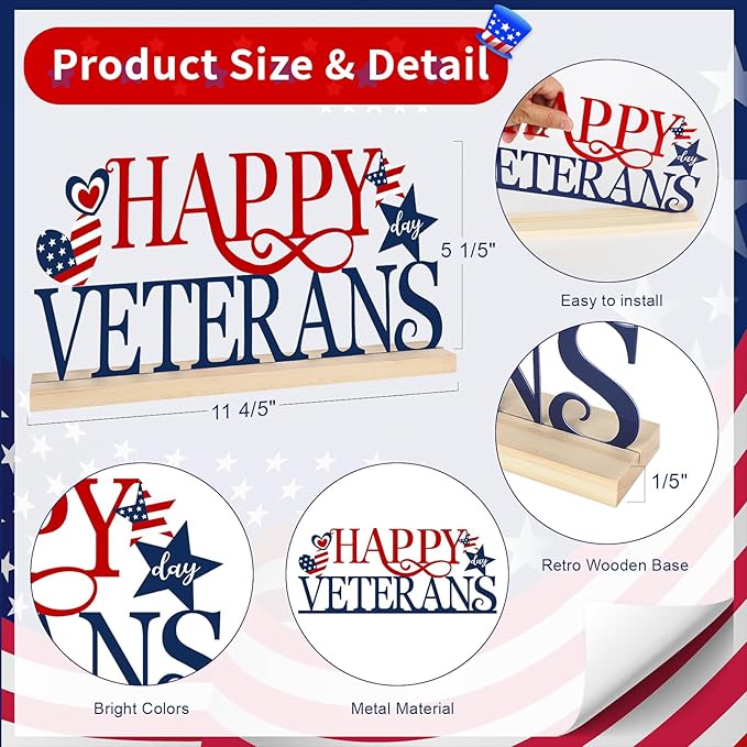 COCHIE Metal Happy Veterans Day Sign, Thank You Veteran Table Centerpieces Decorations for Home, Office, Shelf, Mantel, Indoor, Traditional Party Supplies Decor (Veterans)