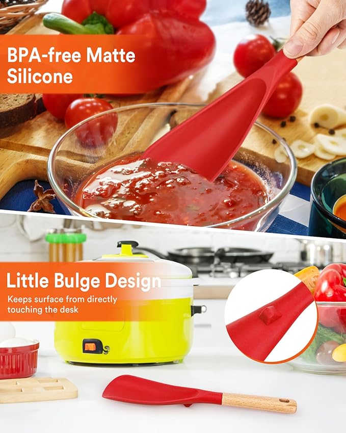Cooking Spoon and Scraper for Nonstick Cookwares, Great for Cooking and Serving Durable BPA-Free Matte Silicone, Wood Handle Multifunction Spoon for Mixing, Scoop, and Scrape (RED)