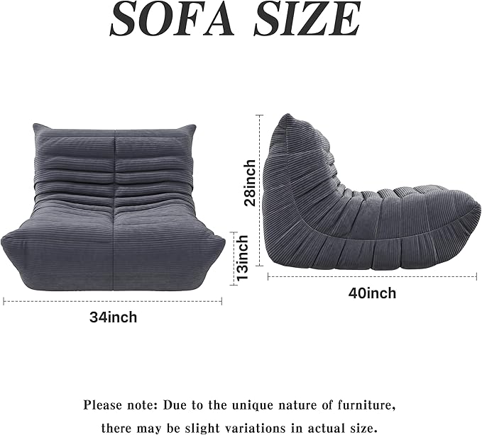 Bean Bag Chair, Lazy Floor Sofa Couch for Adults and Kids, Fireside Chair with Ergonomic Design, Memory Foam Lounge Chair for Living Room Bedroom, Office, Grey