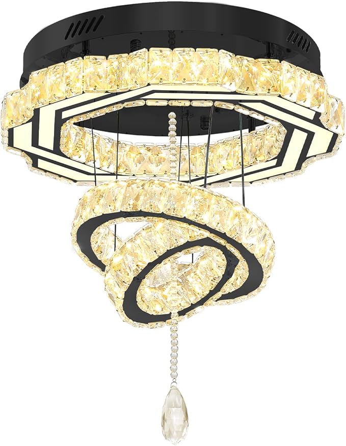 Flashing God Dia 20" Modern Chandeliers for Dining Room Black Flush Mount Ceiling Chandeliers LED Dimmable Pendant Lighting Crystal Ceiling Light Fixture for Living Room Bedroom Hallway 2700K-6000K