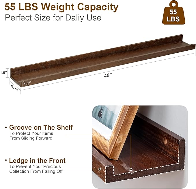 Floating Picture Ledge Shelves 48 Inch Solid Oak Wood Set of 2, Rustic Wall Storage Shelves with Lip, Kids Bookshelf, Photo & Picture Ledge Shelves for Bedroom, Living Room, Kitchen