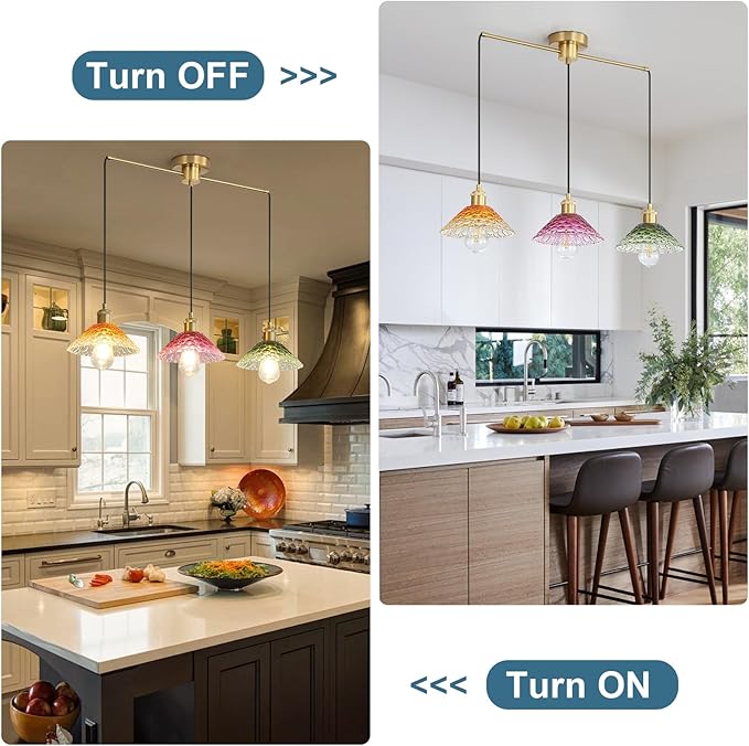 3-Light Pendant Lights Kitchen Island, Ceiling Hanging Lighting Fixtures, Colorful Vintage Glass Shade Pendants, Modern Gold Dining Room Chandeliers Height Adjustable for Farmhouse Living Room