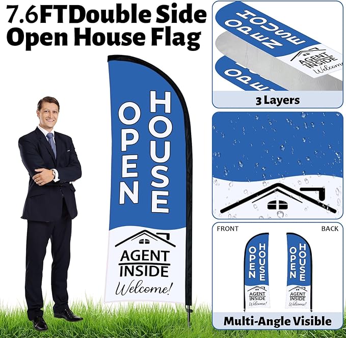44 Pcs Open House Signs for Real Estate Agent Supplies, Double Sided Open House Flag Kit for Outside, 7.6 x 5.4 Ft Blue Banner Flag Poles Set with Directional Arrows Yard Sign Stakes Balloons
