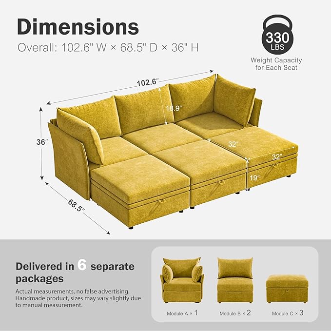 102.6" Luxury Modular Sleeper Sofa Bed 6 Seat Reversible Sectional Couch Deep Seat with Storage Chaises Removable Cover for Living Room, Apartment - Chenille Yellow