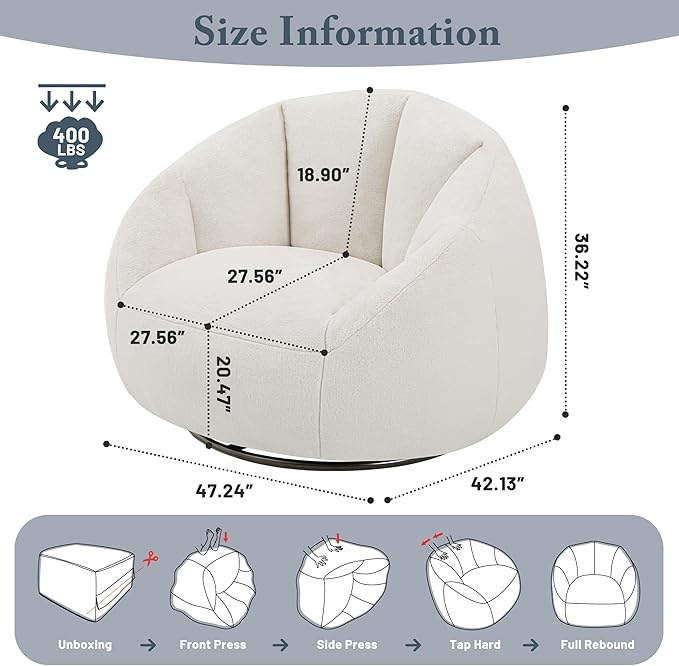 Giant Bean Bag Swivel Chair for Adults - Comfy Plush Round Shell Soft Accent Chair, Oversized Cozy Floor Sofa for Living Room, Bedroom & Game Rooms, Beige