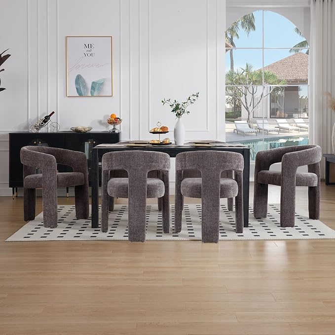 Charcoal Grey Chenille Dining Chairs Set of 4, Modern Barrel Dining Room Chairs Upholstered Accent Chair with Arms and Round Back for Living Room Kitchen Armchair No Assembly Needed