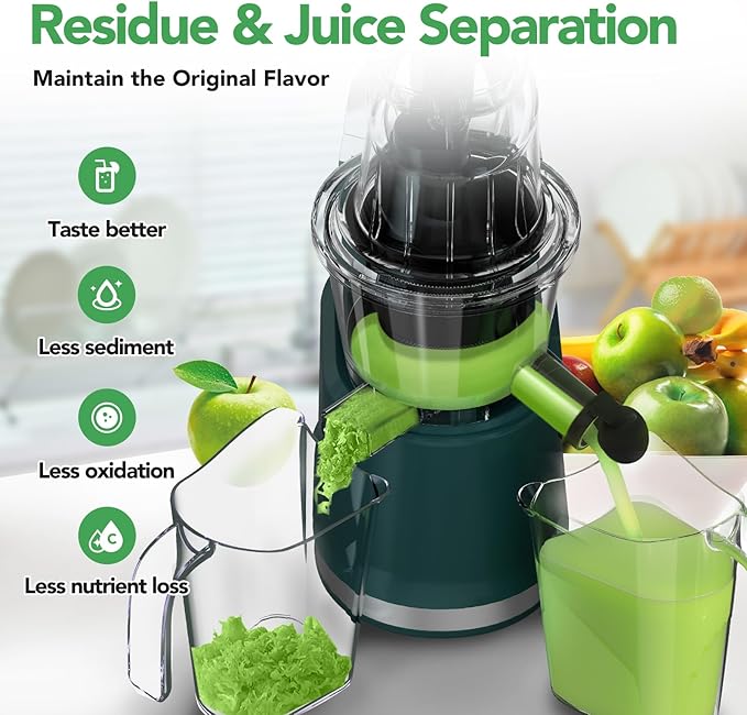Cold Press Juicer,Aeitto Slow Masticating Juicer with Wide & Dual Feed Chute for Vegetables and Fruits, High Juice Yield, Self Feeding for Juice Extractor, BPA-Free, Dark Green