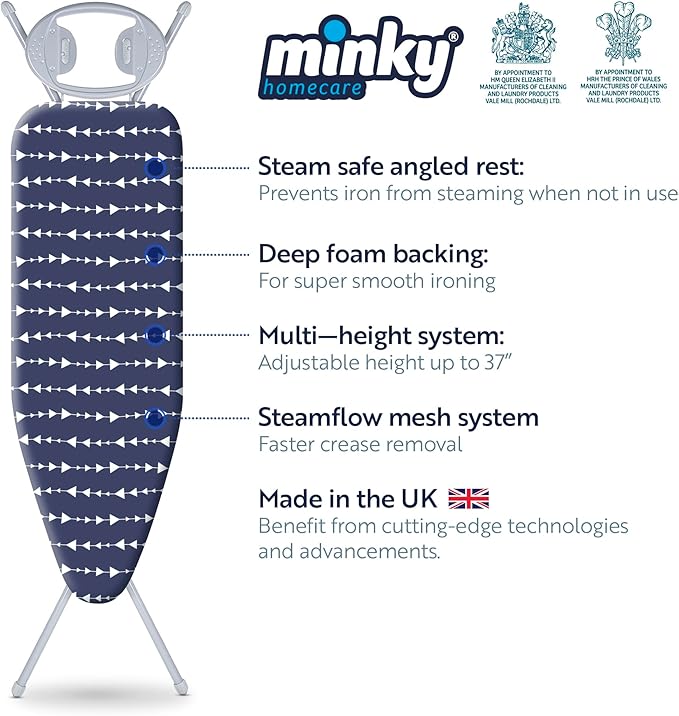 Classic 4-Leg Ironing Board with Iron Rest - Freestanding Full Size Iron Board for Clothes Pressing and Steaming with 43" x 14" Surface - Blue Arrows