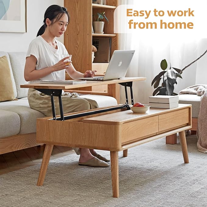 100% Solid Wood Lift Top Coffee Table for Living Room, Mid Century Modern Tables with Drawers and Large Storage, Oak Coffee Tables for Small Spaces (Oak Wood Log, 47.24" W x 23.62" D x 25.59" H)