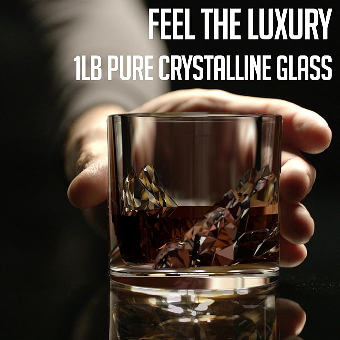 Grand Canyon Heavy Crystal Whiskey Glasses Gift Set of 4, Thick Freezable Bourbon Glass 1lb Each, Premium Whiskey Gifts for Men, Frozen Crystal Chills Cocktails, 10 oz