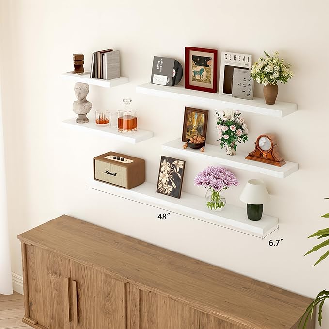 BGMG Floating Shelves for Wall 48 inch Long,Rustic Solid Wooden Deep Wall Shelves for Bathroom Living Room Bedroom Kitchen Farmhouse Set of 2-48x6.7x1.25 inch- White