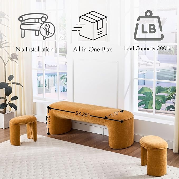 3-Piece 53" Comfy Upholstered Dining Bench with 2 Ottomans, Accent Waterfall Bench Modern End of Bed Entryway Bench Vanity Stool，Pumpkin Chenille