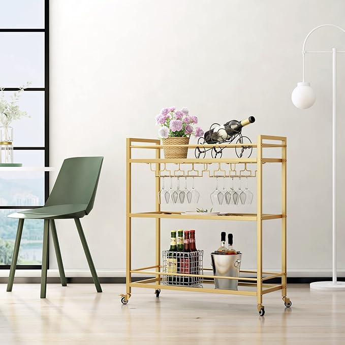 Glass Gold Bar Carts for Home with Hanging Wine Rack - Home Bar Serving Cart with 3 Mirrored Shelves, Kitchen Bar Carts, Wine Cart for Entertaining, Club Party.