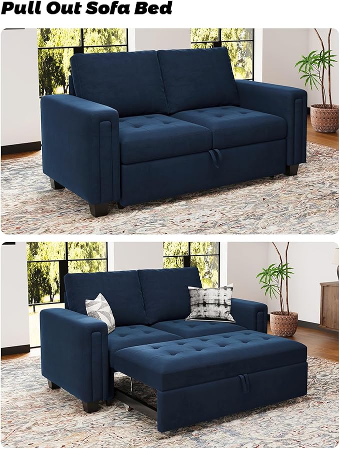 Belffin Modular Sectional Sleeper Sofa with Pull Out Couch Bed Modular Sleeper Loveseat Sectional Sofa Velvet Fabric for Living Room Apartment Blue