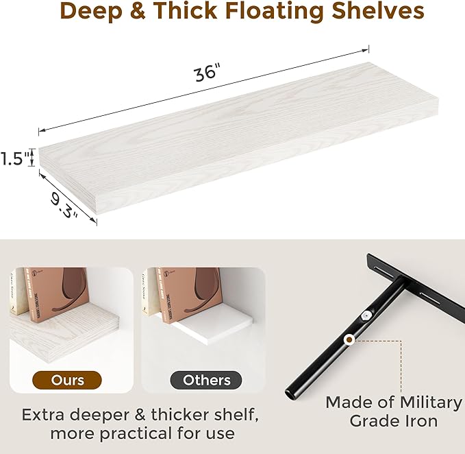 Floating Shelves 48 Inch Long, 48"W x 9"D Wall Shelf Invisible Bracket, 9 Inch Deep Floating Shelf for Wall, Rustic Wooden Shelves for Living Room, Kitchem, Bedroom, Brich Color, Set of 1