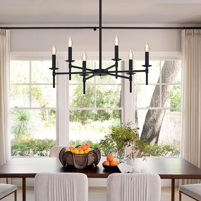 Black LED Chandeliers, Round Candle Hanging Lamp Ceiling, Modern Bedroom Chandelier Light Fixture for Kitchen Island Dining Room Living Room Farmhouse (Black-B 6Lights)