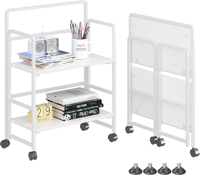 4NM 2 Tiers No-Assembly Folding Bookshelf with Wheels, Portable Rolling Storage Bookcase & Compact Side Table for Living Room, Bedroom, Kitchen, Bathroom (All White)
