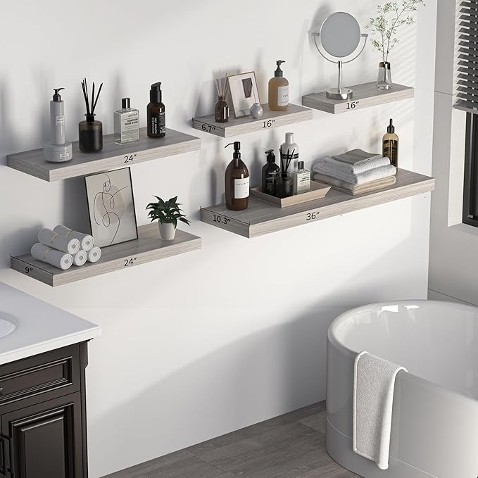 Floating Shelves - Rustic Grey Storage Shelf Set of 2 - 16 Inch Wall Mounted Shelves for Wall Decor & Storage - Wooden Shelves with Invisible Brackets for Living Room, Bedroom, Kitchen, Farmhouse