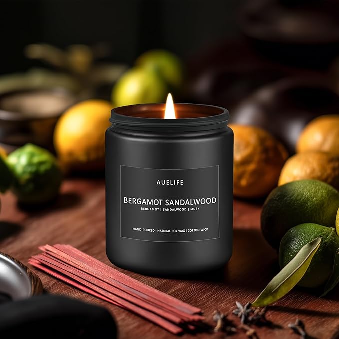 Bergamot Sandalwood Candle for Men | Masculine Scented Soy Candles - Home Fragrance, Aromatherapy Gifts for Men - 7oz Black Jar, Long-Lasting Luxury Decor